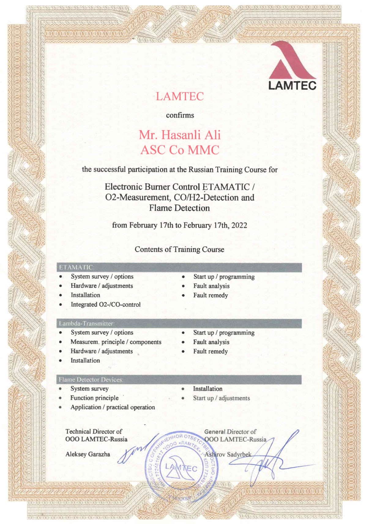 Lamtec Certificate (I)