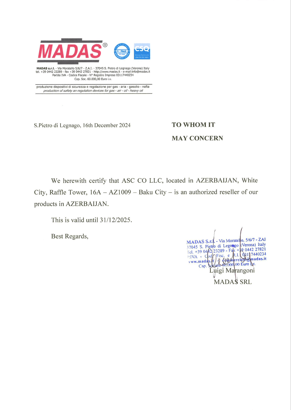 MADAS Certificate