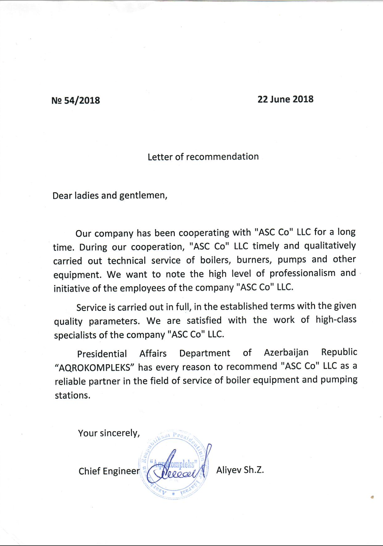 Presidential Affairs Department of Azerbaijan Republic reference letter