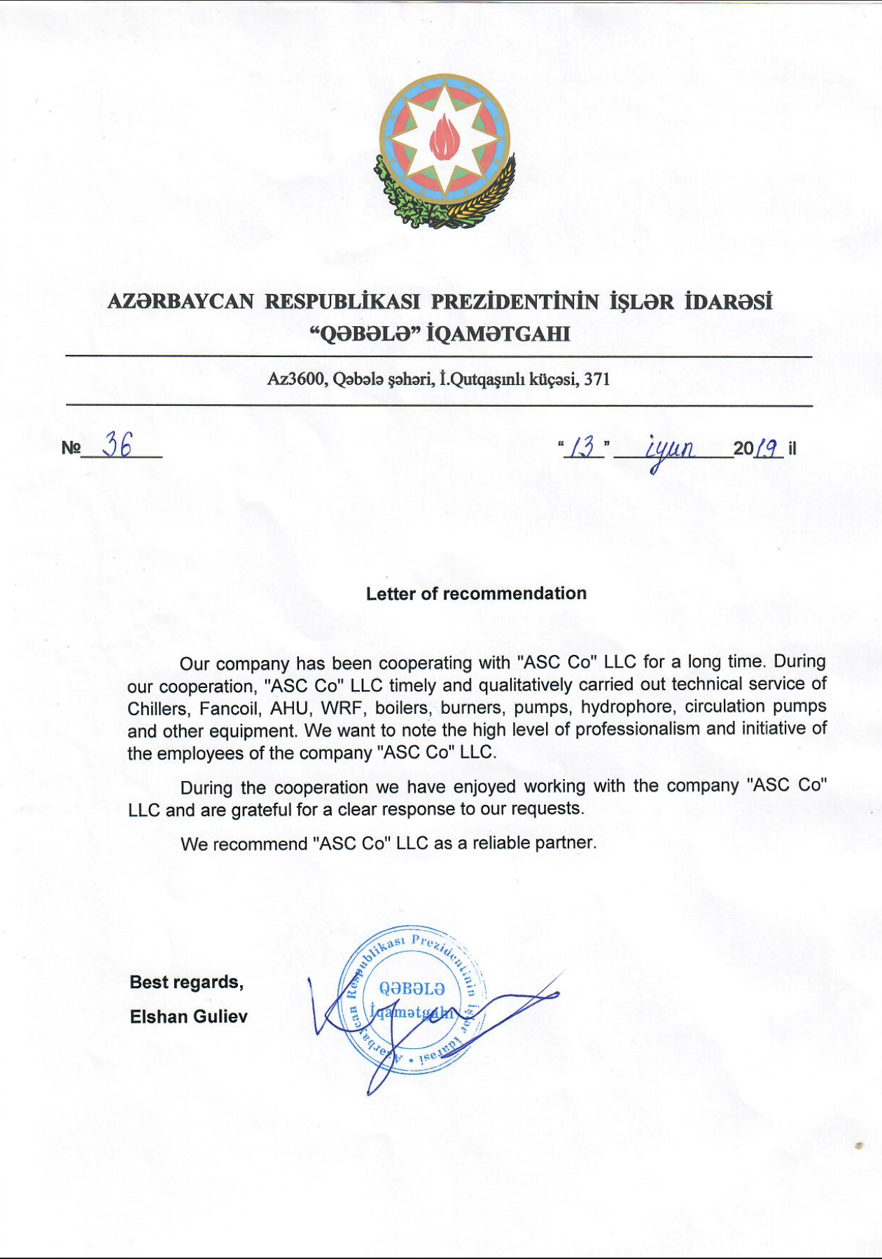 Presidential Affairs Department of Azerbaijan Republic reference letter