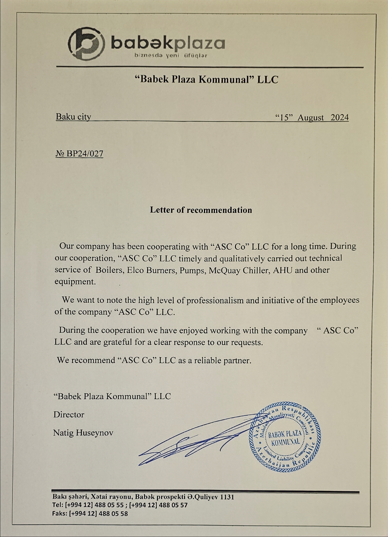Babək plaza reference letter
