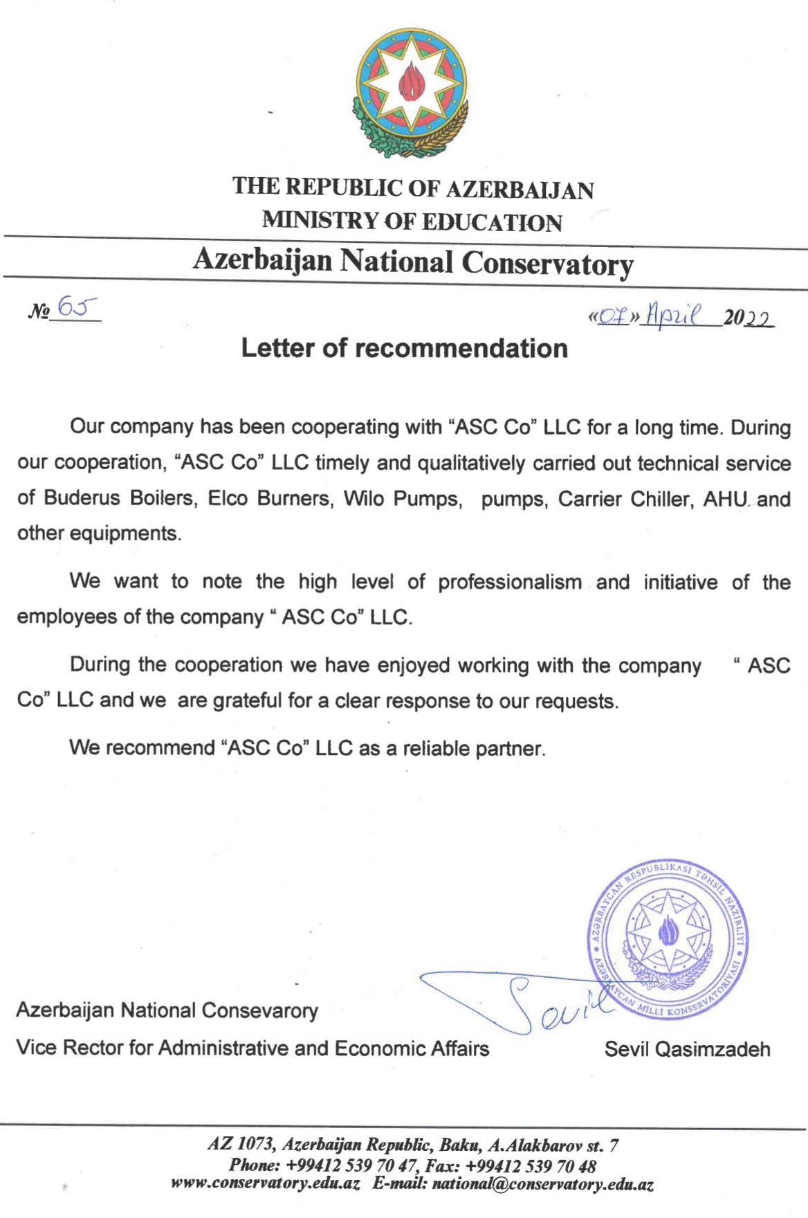 Azərbaycan Milli Konservatoriyası reference letter