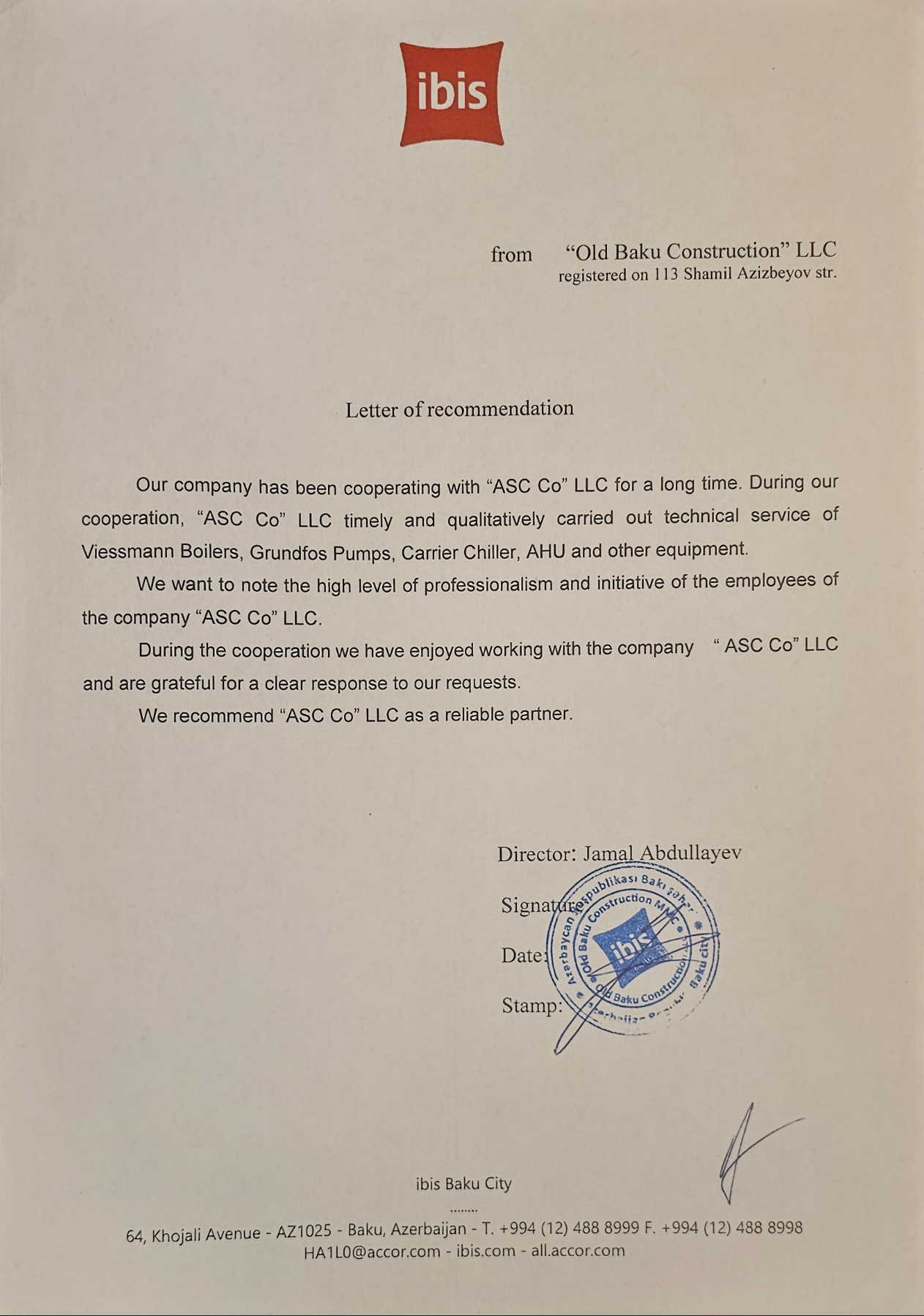 İbis hotel reference letter