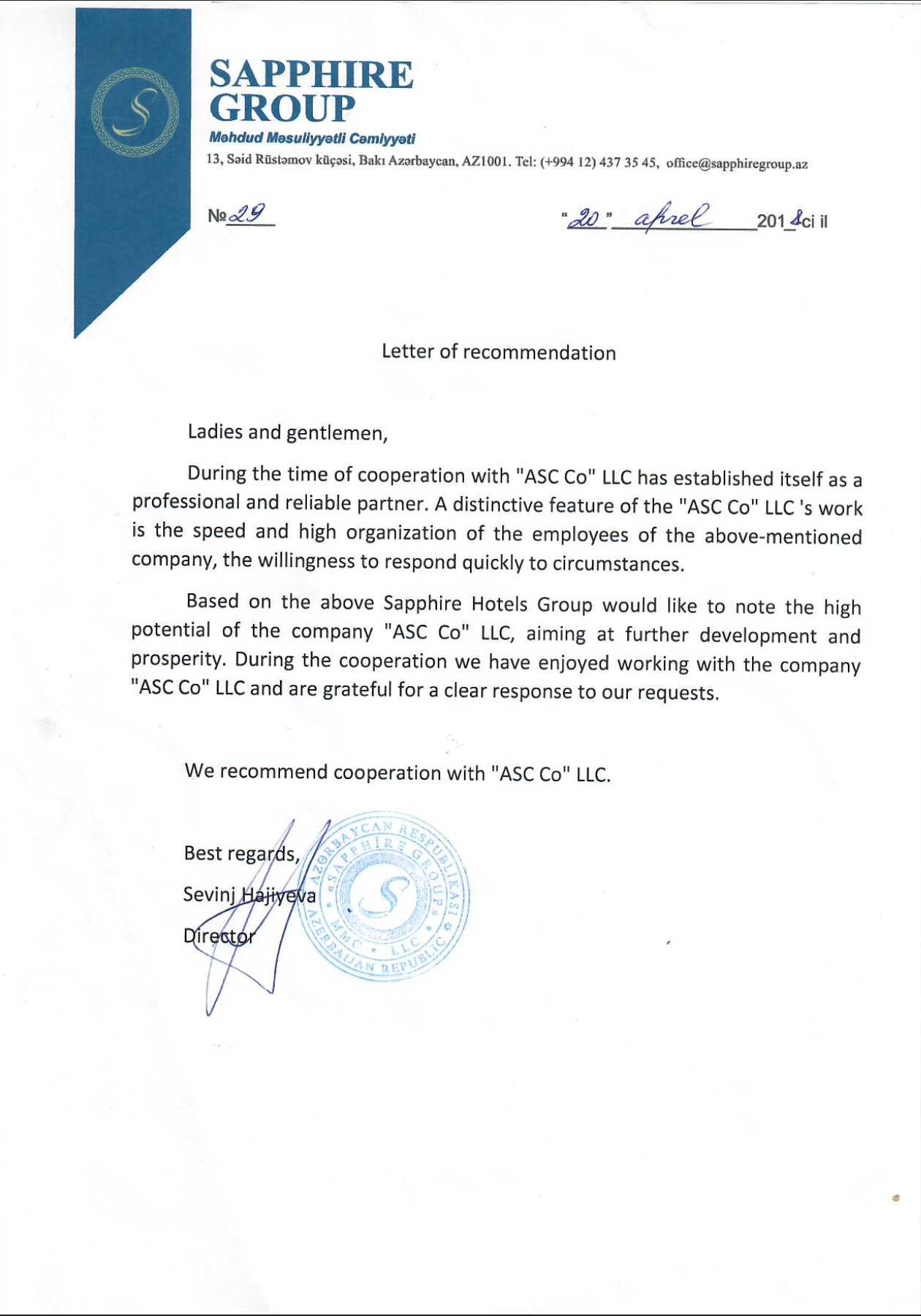 Sapphire hotel reference letter